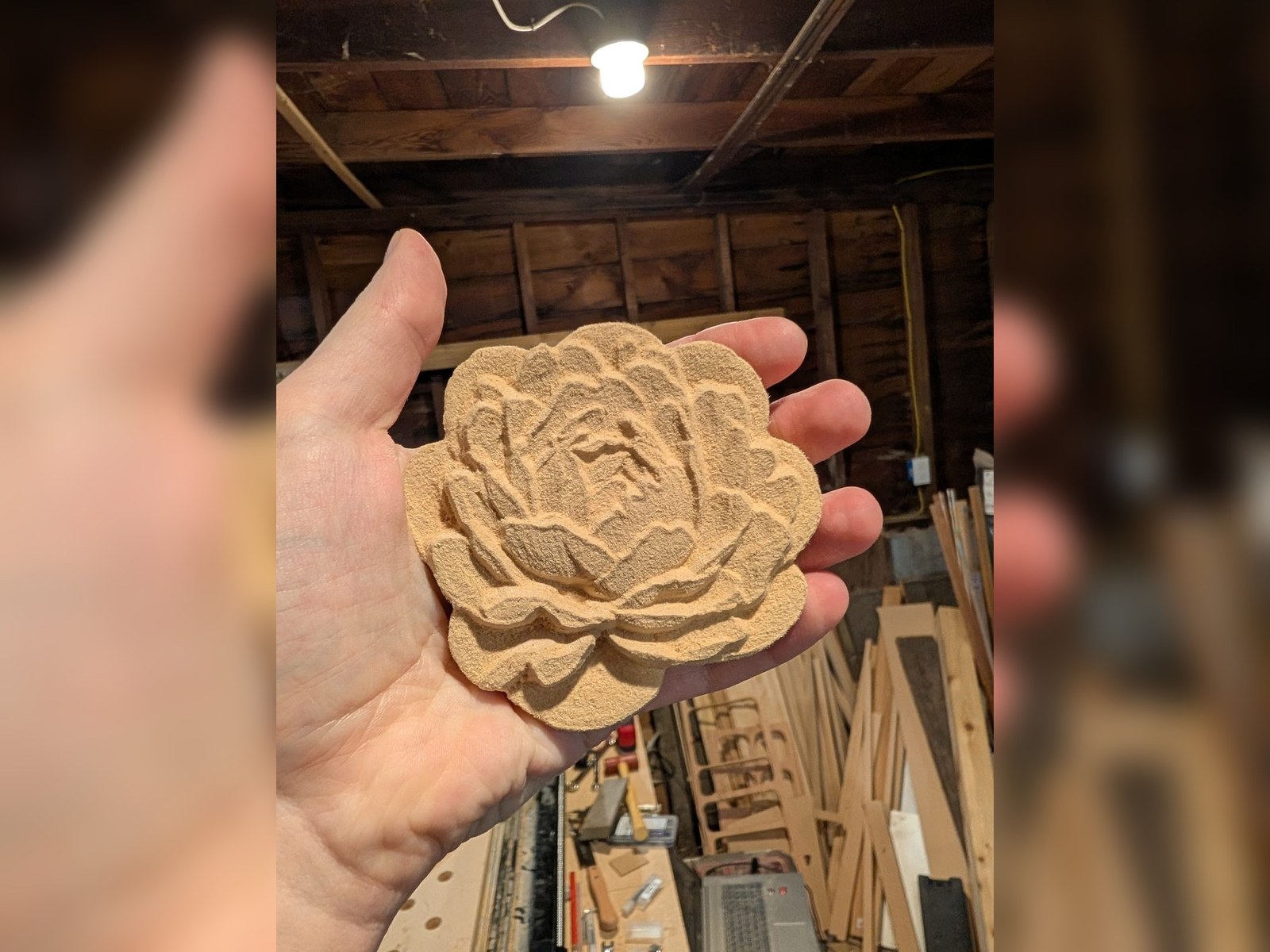 Carved peony — Deep relief, straight off the machine