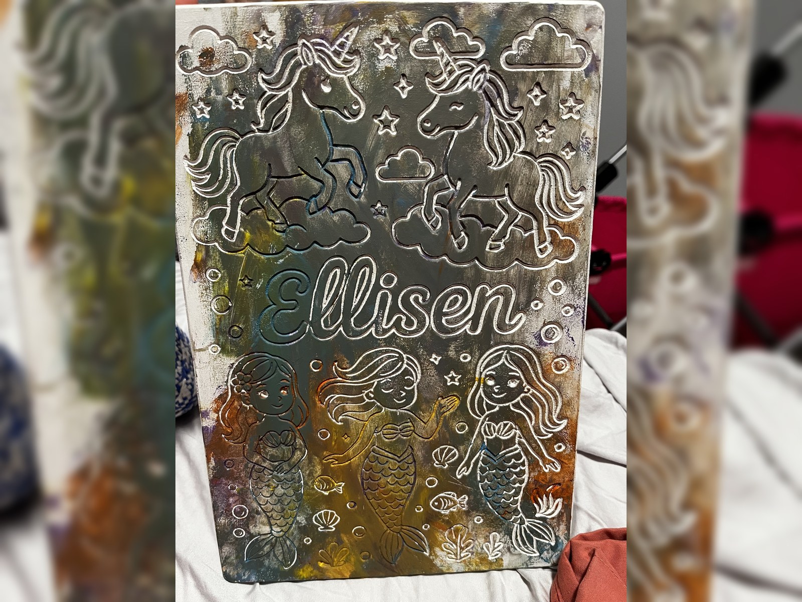 Unicorns and mermaids — Carved outlines, painted in