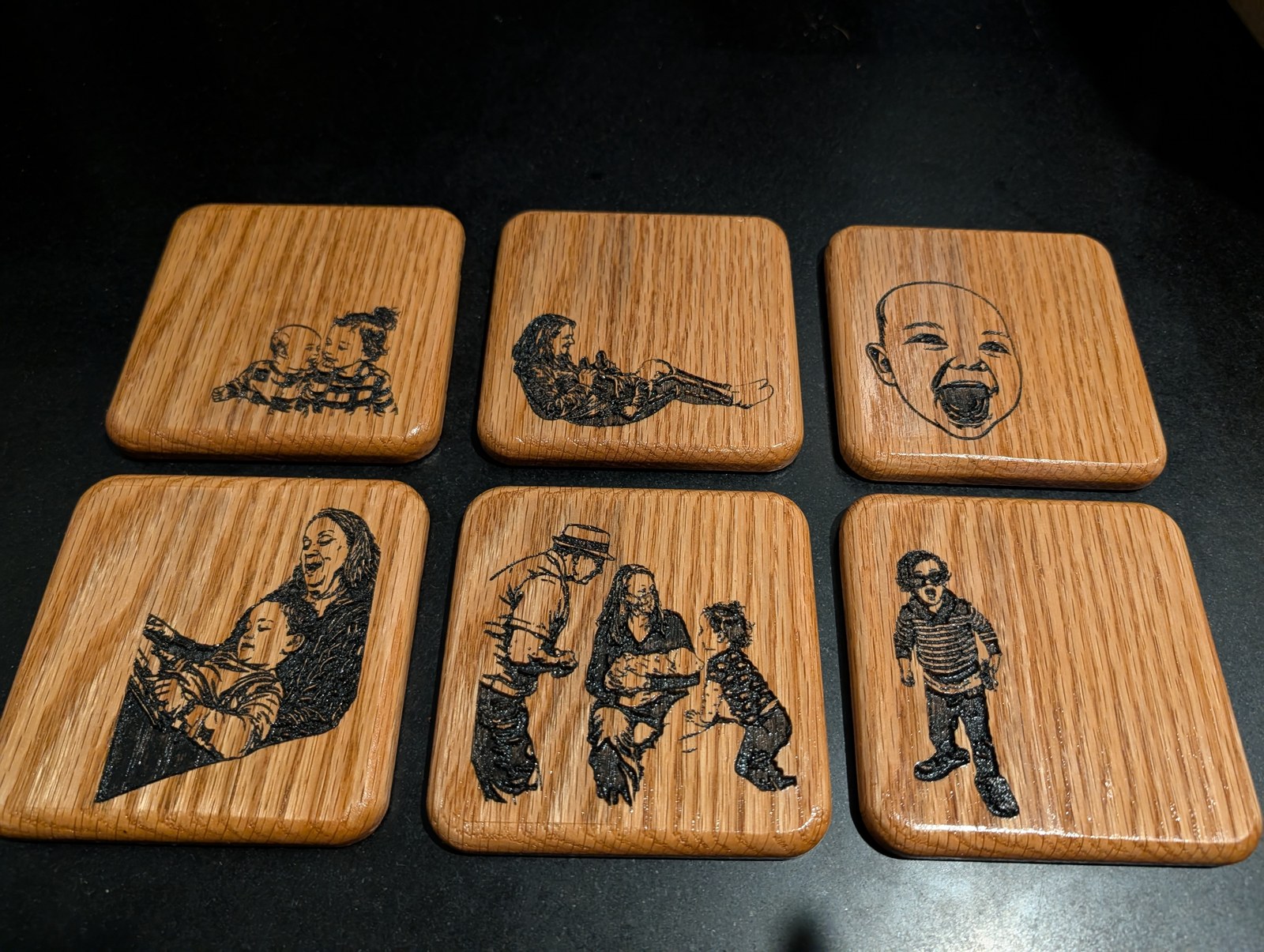 Family portrait coasters — White oak, set of six, filled black