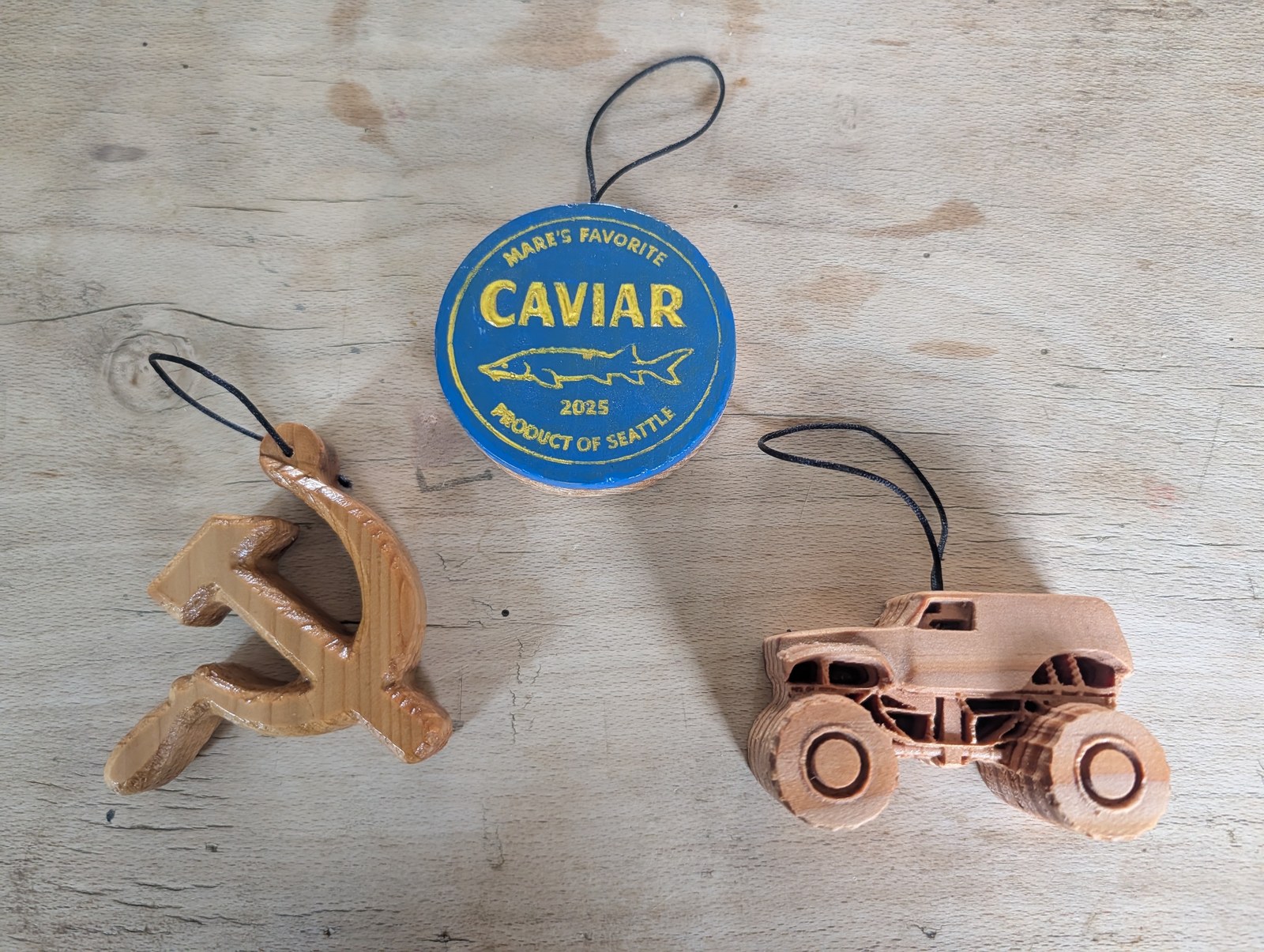 Ornaments, three finishes — Hand-painted and natural wood, side by side