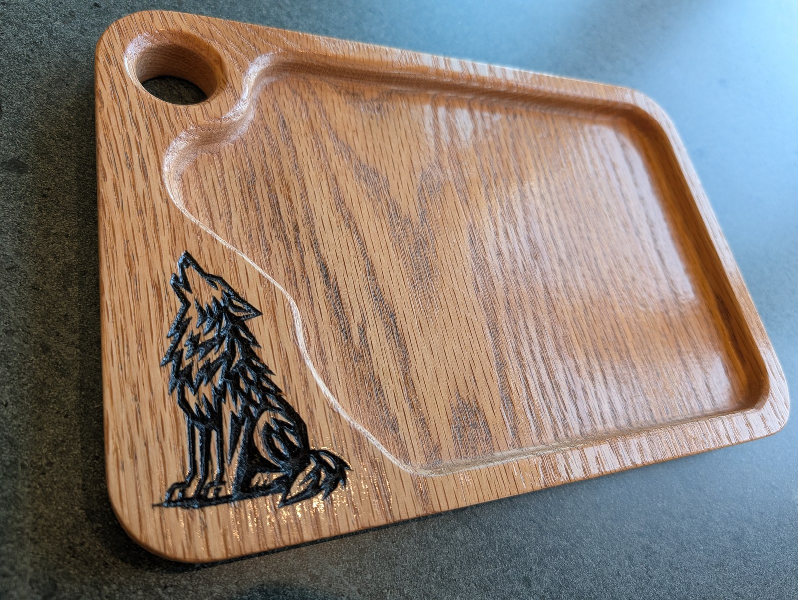 Engraved Snacking Tray — White oak, howling wolf filled black